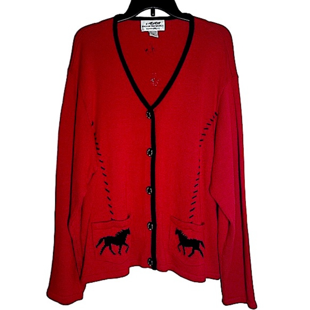 VTG Western sweater Size 3X Horse Texas Hold ‘Em red cardigan cowgirl …